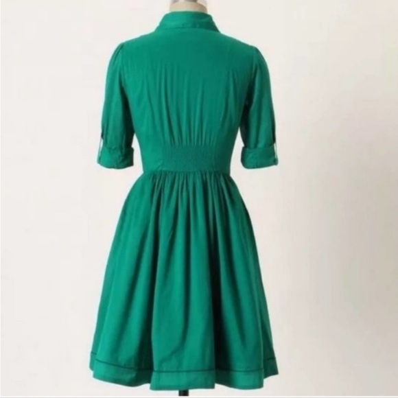 Anthro Moulin Sours 100% Cotton Kelly Green Button Down A-Line Shirt Dress - Picture 5 of 12